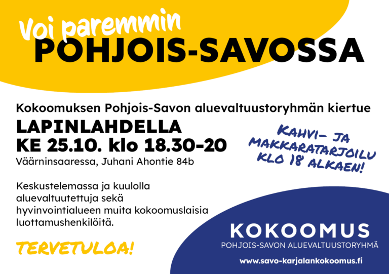 Kokoomuksen Pohjois-Savon aluevaltuustoryhmä Lapinlahdella ke 25.10. klo 18-20