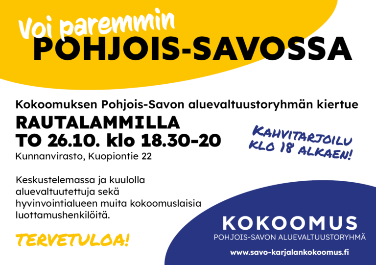 Kokoomuksen Pohjois-Savon aluevaltuustoryhmä Rautalammilla to 26.10. klo 18-20
