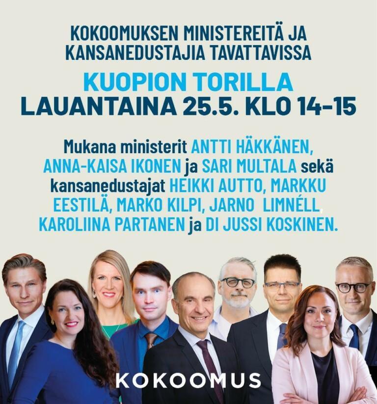 Kokoomuksen ministereitä ja kansanedustajia tavattavissa Kuopion torilla la 25.5. klo 14-15