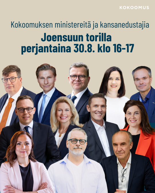 Kokoomuksen ministereitä ja kansanedustajia tavattavissa Joensuun torilla 30.8. klo 16-17