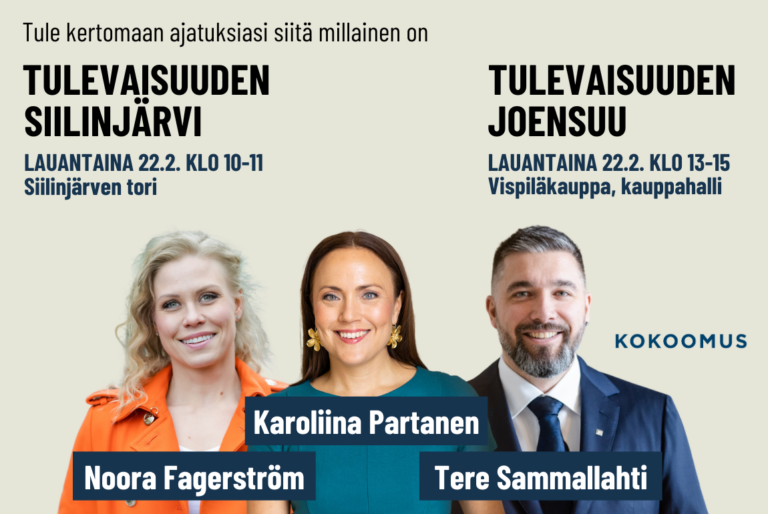 Kansanedustajat Karoliina Partanen, Noora Fagerström ja Tere Sammallahti la 22.2. Siilinjärvellä ja Joensuussa