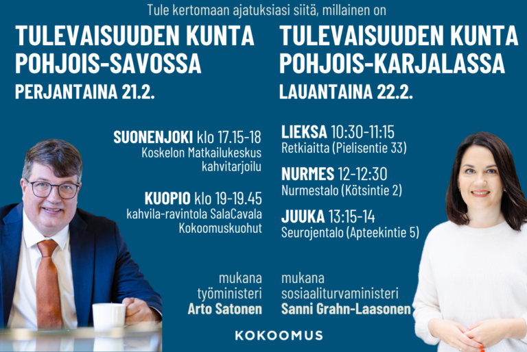 Ministeri Arto Satonen pe 21.2. ja Sanni Grahn-Laasonen la 22.2. Savo-Karjalassa